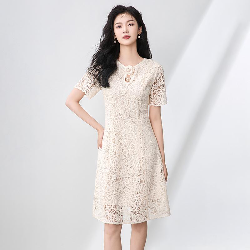 

Французское кружевное платье с вышивкой пайетками, круглый вырез, элегантная сборка на талии, летний стиль для женщин. M абрикосовый