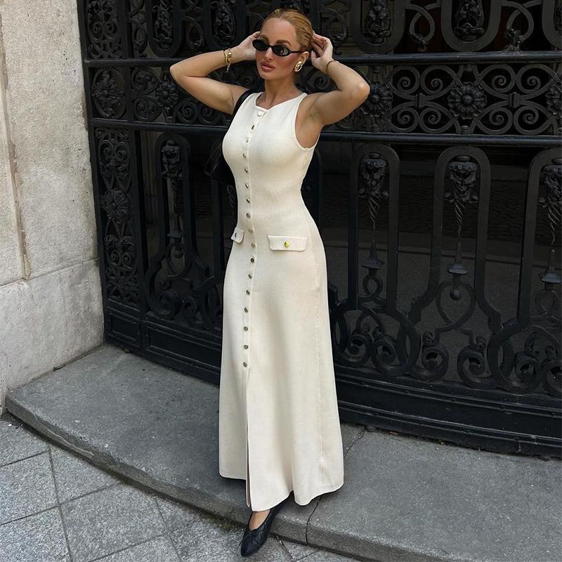 

Темпераментна жіноча вечірня сукня без рукавів. Повсякденна сукня з високою талією. Довгі сукні середньої довжини. Жіноча модна в’язана сукня для відпустки. L абрикосовий