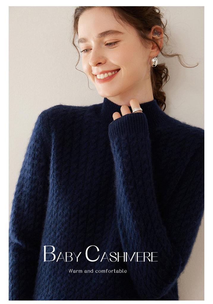 2024 Autumn/Winter Women's High Neck Cashmere Sweater - Thickened Korean-Style Cable Knit Pullover
