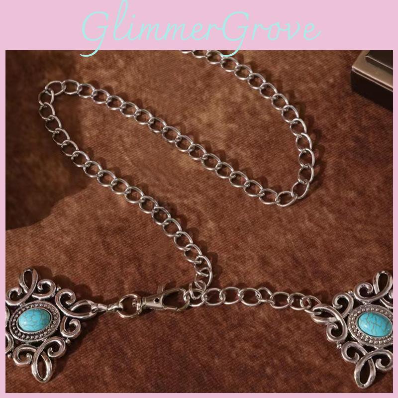 Chinese Knot Metal Waist Chain With Turquoise Pendant And Palace Style Carving For Women