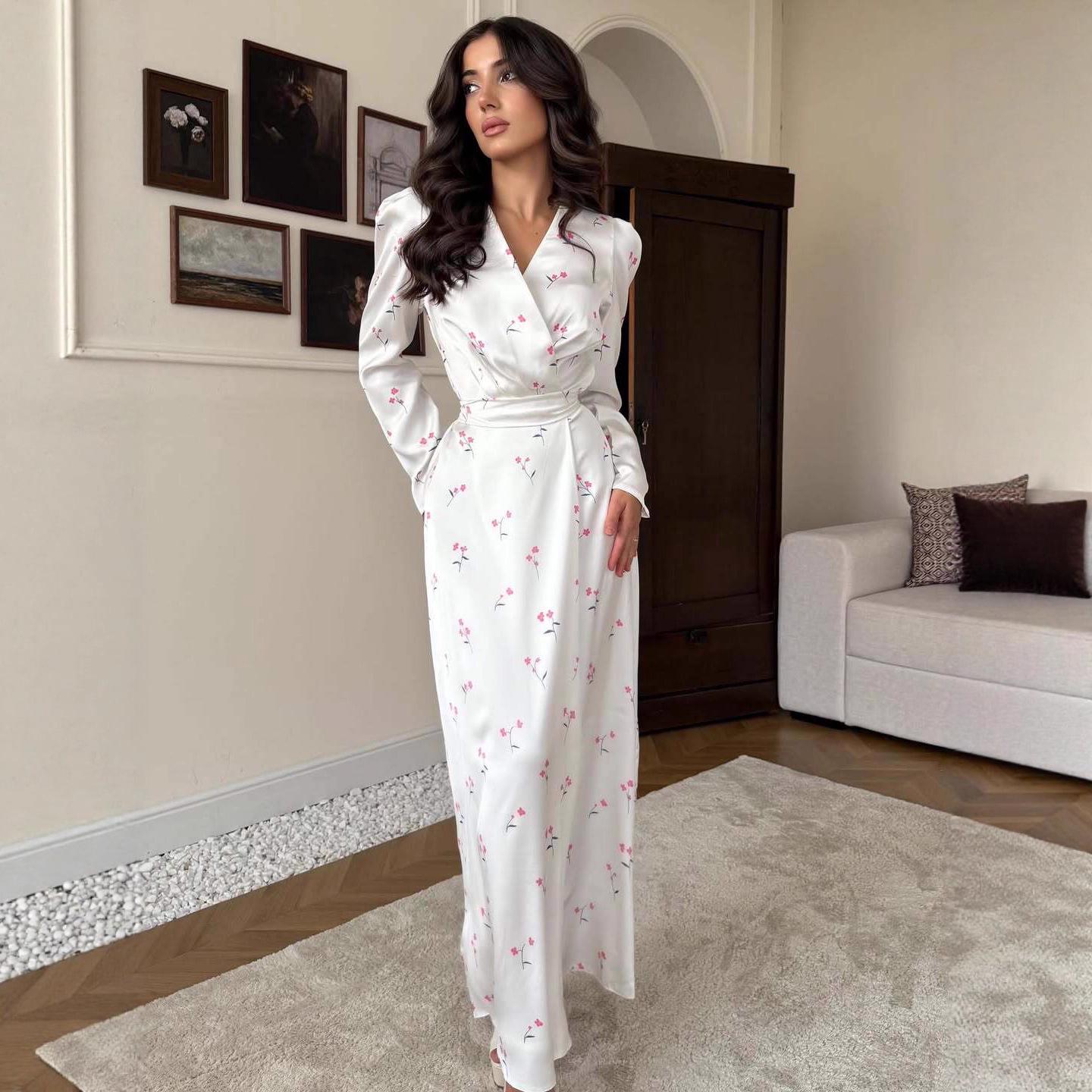 2026 Autumn Retro V-Neck Waist-Cinching Elegant Printed Dress for Women 2XL белый