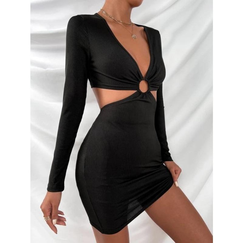 Women's Hollow Long Sleeve Low Neckline Sexy Dress Dress