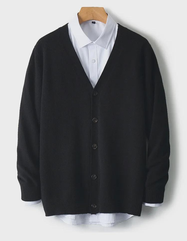 Pánský kašmírový vlněný kardigan svetr s výstřihem do V - Volný jednobarevný, Dlouhý rukáv, Ležérní univerzální (2024).