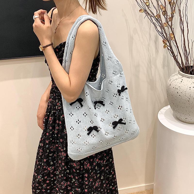 Aesthetic Knitted Bag Women Hollow Out Crochet Bow Handbag Large Capacity Handmade Tote Bag Summer Beach Woven Shoulder Bag