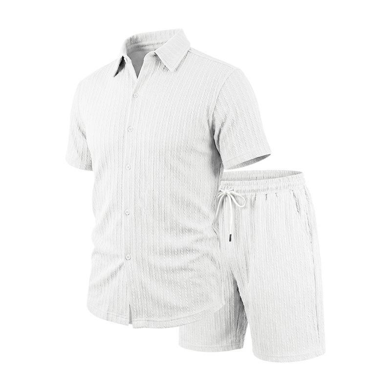 European Summer Men's Jacquard Casual Lapel Short Sleeve Shirt and Shorts Set