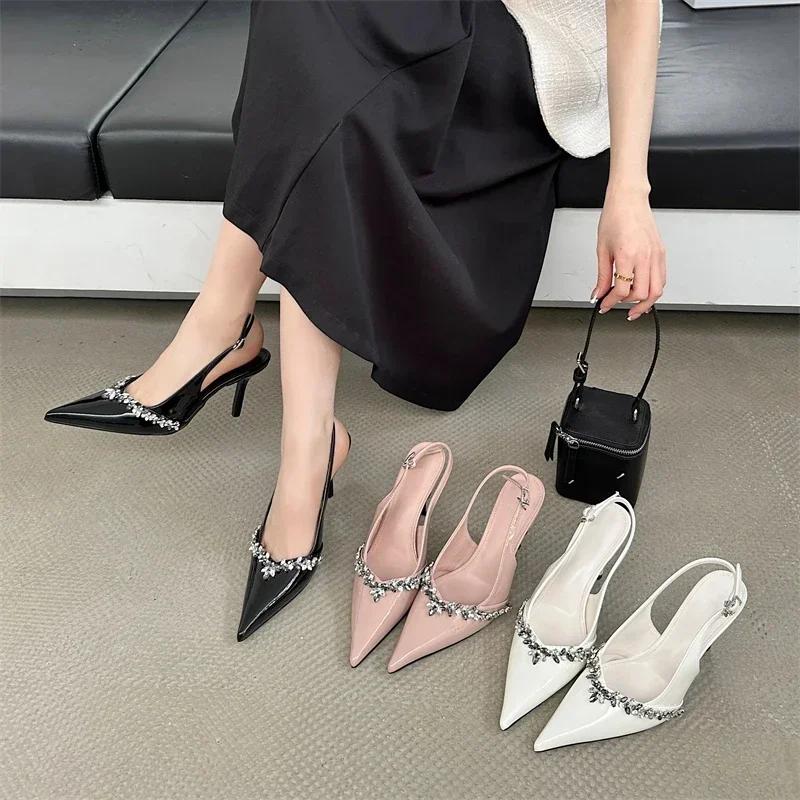 Fashion Rhinestone Buckle Strap Women Pumps Sexy Pointed Toe Patent Leather High Heels Fashion Slingbacks Heels Sandals Party Prom Shoes