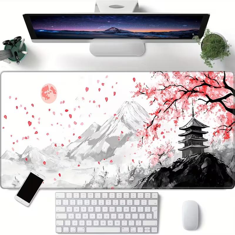 Japanese Mount Fuji Cherry Blossom Gaming Mouse Pad Extended Non Slip Mat Smooth Edges For Gamers Office Home Wireless Mouse