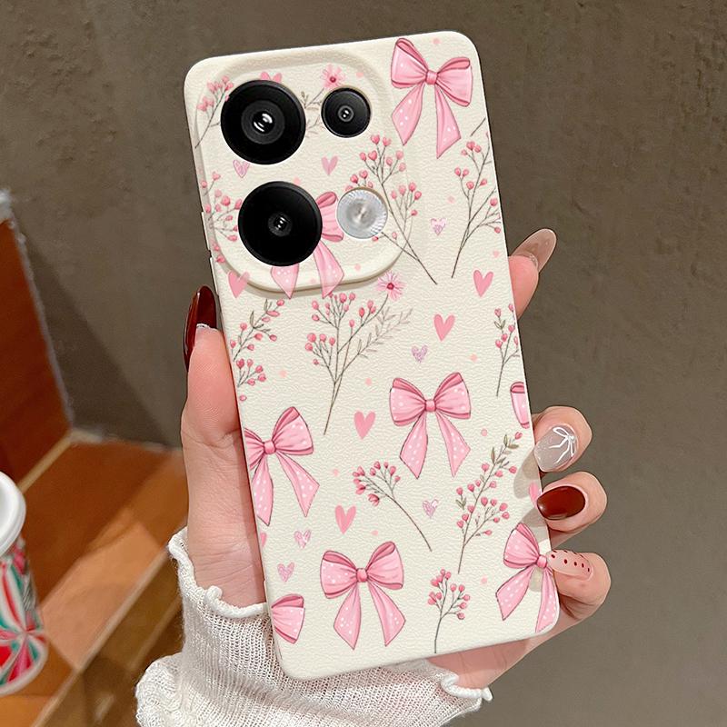 Pink Bowknots Floral Pattern Case For Xiaomi 14T 13T 11T Pro Funda Redmi Note 14 13 12 11 Pro 5G 4G Leather Texture Silicone Cover