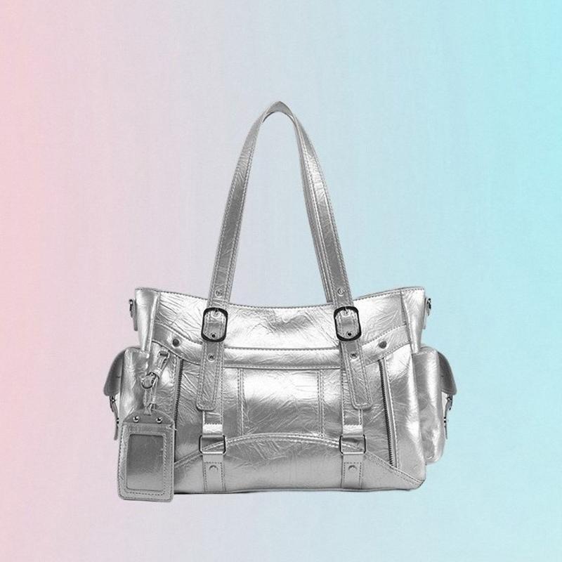 Stylish Patent Leather Tote Bag Multi-pocket Work Shoulder Bag Silver Hardware Buckle Crossbody Bag Student Large Capacity Bag