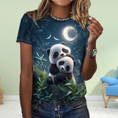 T-shirt à manches courtes et col rond pour femme, imprimé animal panda, amusant et décontracté, été