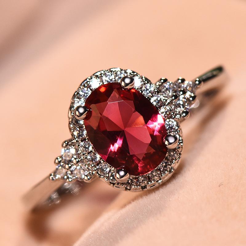 European and American Luxury Oval Ruby Crystal Ring with Full Diamond Setting