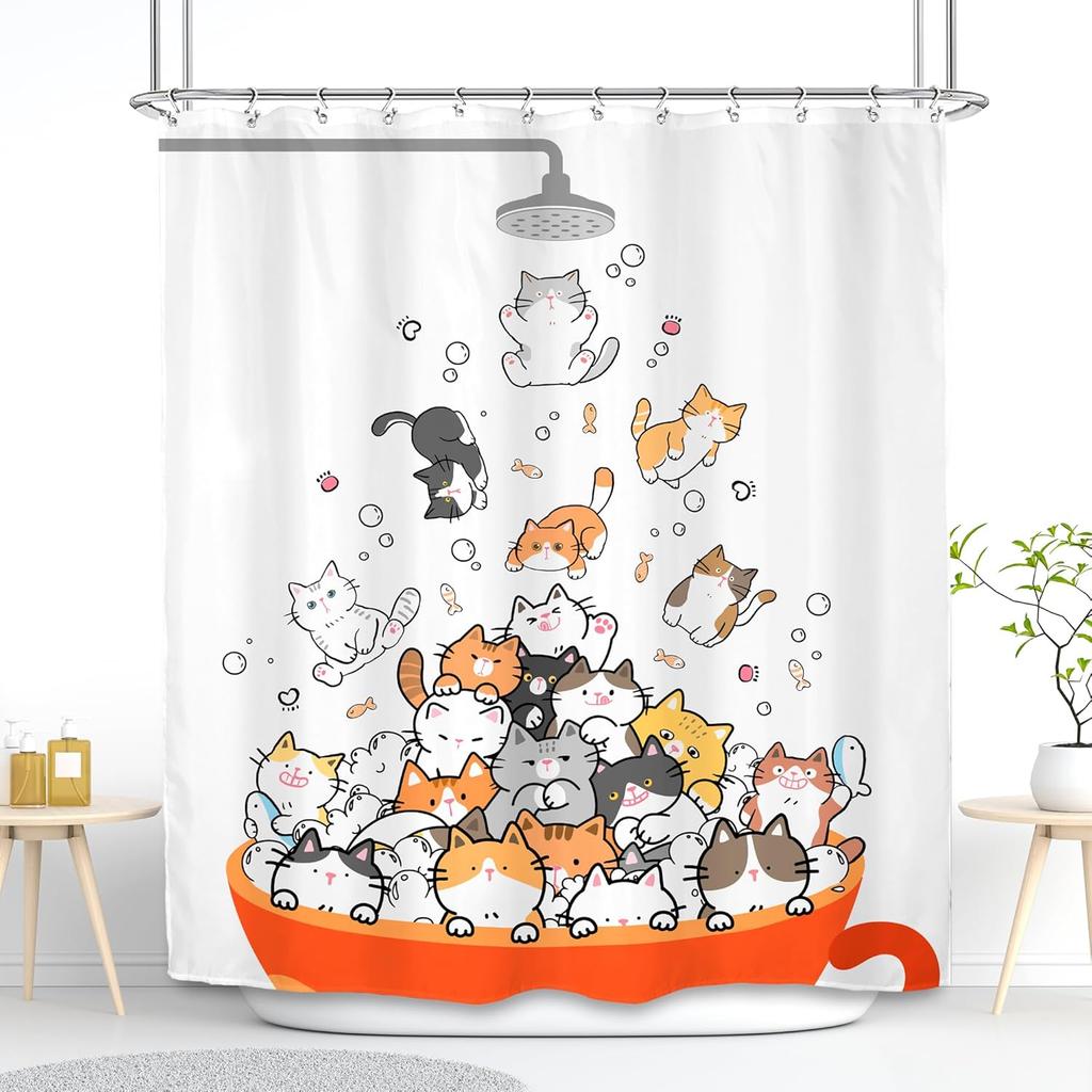 Zasłona Prysznicowa dla Kota Dzieci Śmieszny Słodki Uroczy Kreskówkowy Kociak Zwierzę Domowe Wspinające się na Drzwi Urzekający Nowoczesny 12 Haczyków Poliester