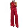 Women 2 Piece Satin Outfits Halter Neck Sleeveless Top And Wide Leg Pants Set Casual Vocation Lounge Set