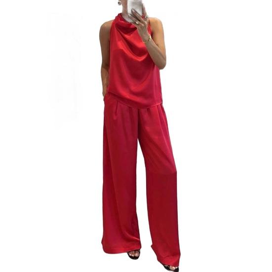 Women 2 Piece Satin Outfits Halter Neck Sleeveless Top And Wide Leg Pants Set Casual Vocation Lounge Set