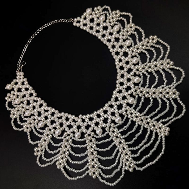 Handmade Layered Pearls Choker Necklace Luxurious Body Chain Shoulder Shawl Collar for Women Body Jewelry Accessory