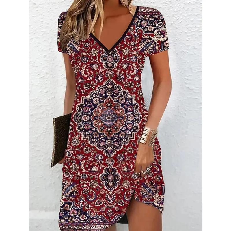 Women Short Sleeve V-Neck A-Line Dress Marble Pattern 3D Print Dress Oversizd Casual Elegant Female  Vestidos
