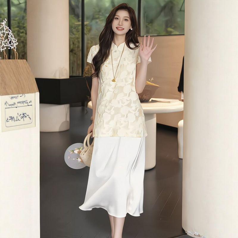 

Plus-Size Women s Clothing for Chubby Women, New Chinese-Style Stand-Collar Jacquard Cheongsam Dress, 2026 Summer Elegant Slimming Long Dress Light yellow M