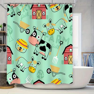 Rideau de Douche Imprimé Animaux de la Ferme Décoration de Salle de Bain Textile de Maison Tissu Imperméable Bleu Vert Jaune Vache Cheval Style Grange Rouge