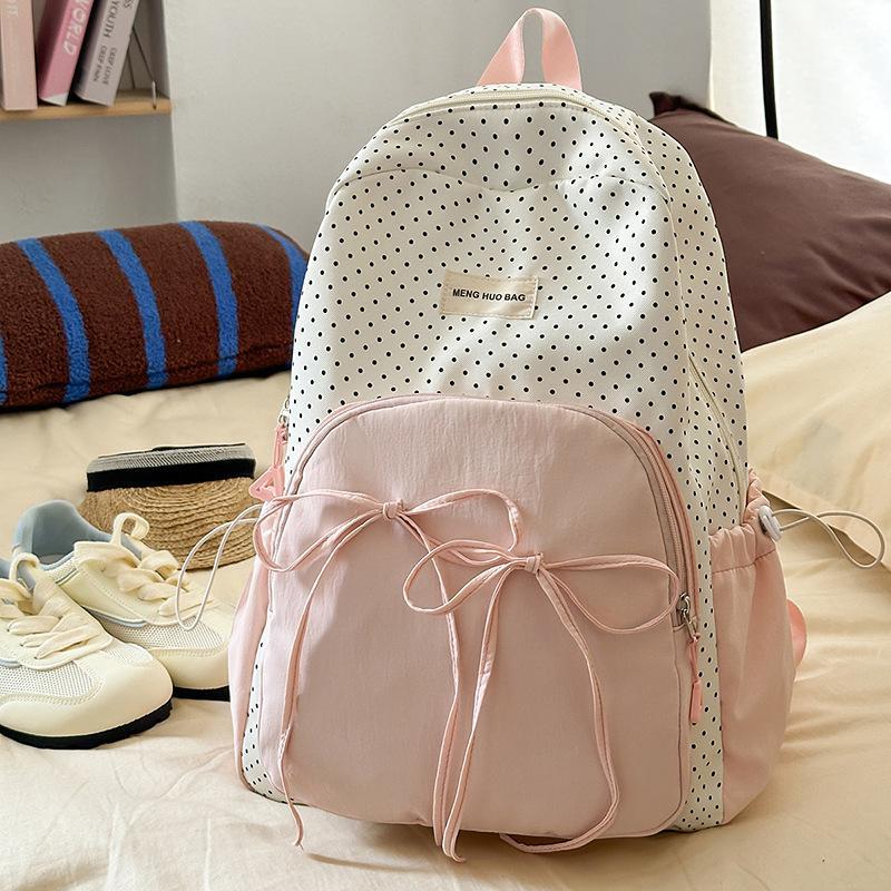 Schoolbag New Sweet Girl Backpack Korean Versatile Bow Polka Dot Versatile Light Commuter Bag Large Capacity School Bag