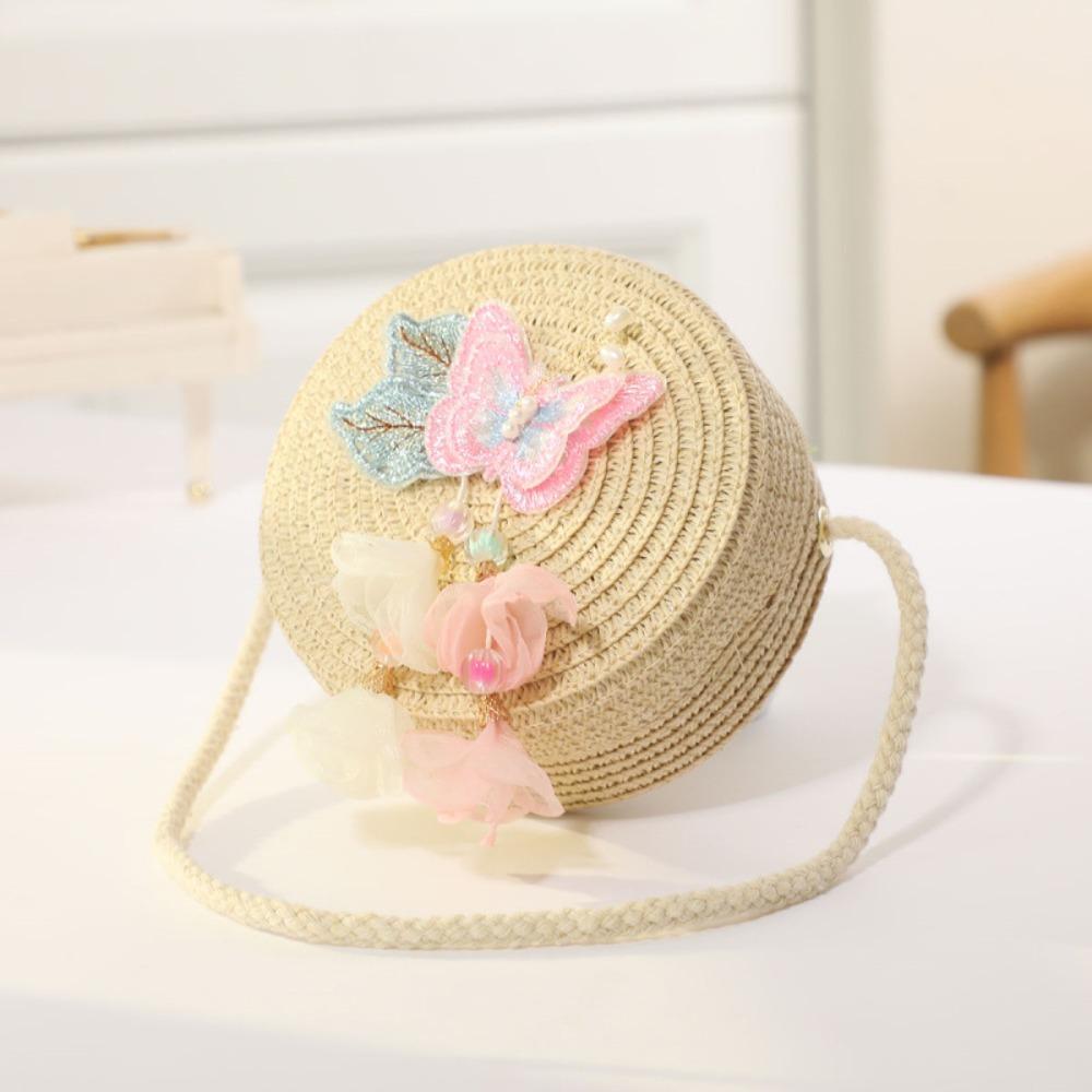 Cute Lace Bow Straw Bag Hand-woven Lightweight Beach Bag Zipper Round Kids Crossbody Purse