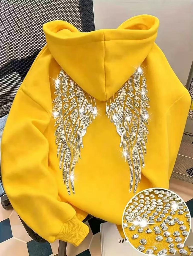 Hanorac cu glugă și mânecă lungă pentru femei, croială regulată, hoodie casual, pulover cu imprimeu aripi cu strasuri, poliester, îmbrăcăminte exterioară fashion