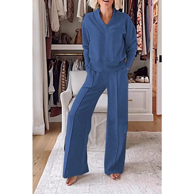 Autumn New Casual V-neck Long-sleeved Loose Top Wide-leg Pants Two-piece Set