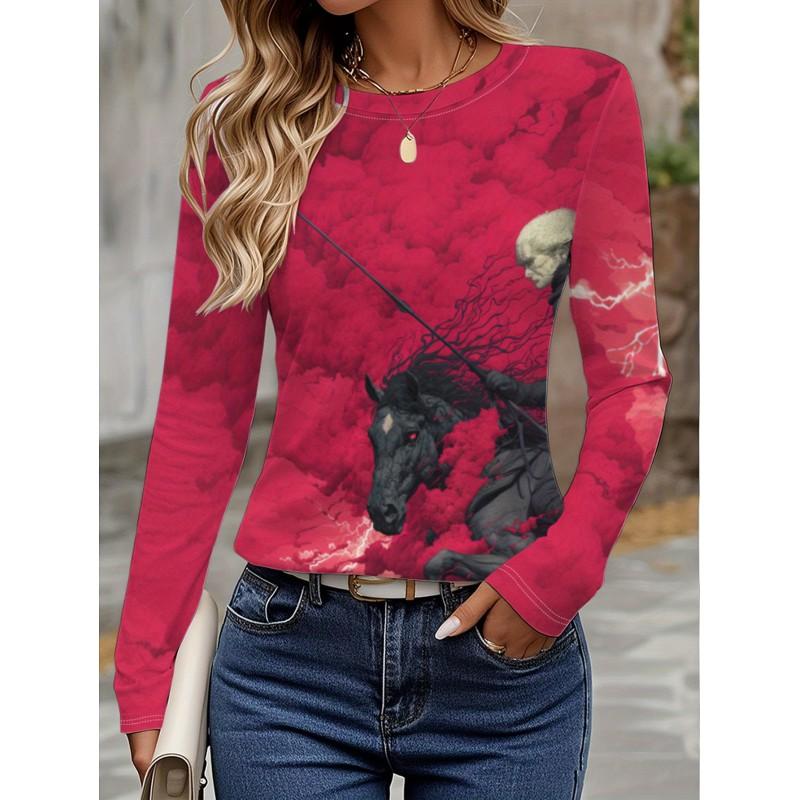 Womens Long Sleeve Crew Neck T-Shirt With 3D Flamingo Print Soft Milk Silk Fabric Loose Fit Casual 2025