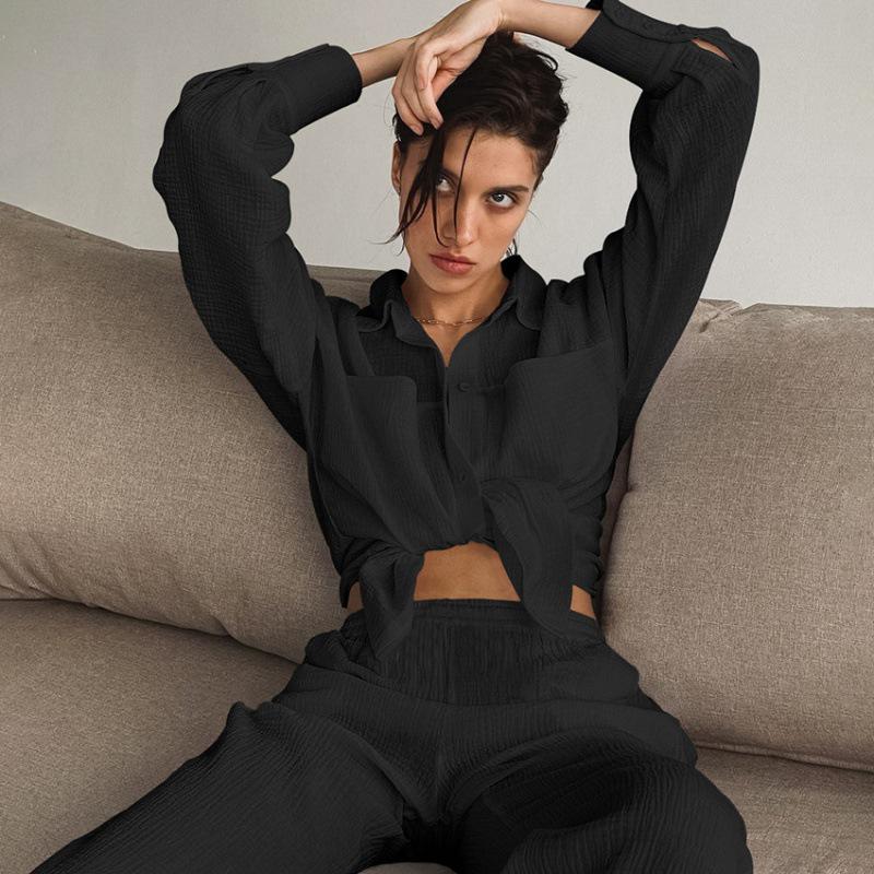 Dámská módní dvoudílná sada 2025: Košile s dlouhým rukávem a kalhoty s vysokým pasem a rovnými nohavicemi - Neformální evropský a americký styl