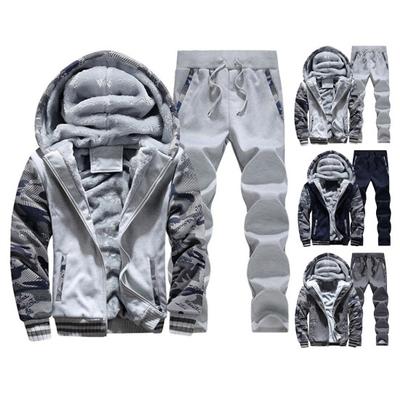 2 Pcs/Set Men Winter Coat Pants Suit Hooded Thick Soft Plush Pockets