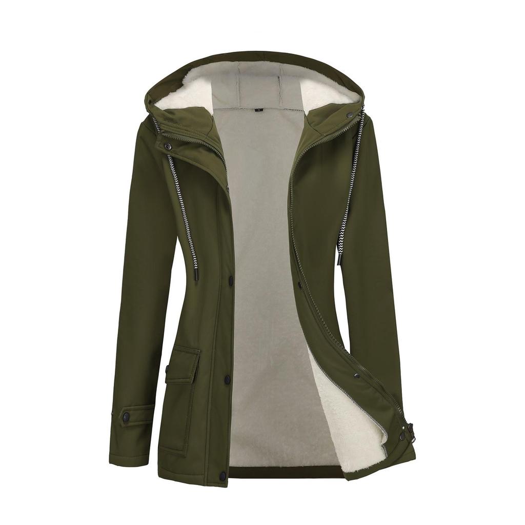 Women’s Trenches Hooded Windbreakers Long Sleeves Fleece Coats Water-resistant Zipper Jackets Autumn Winter Outer Wear