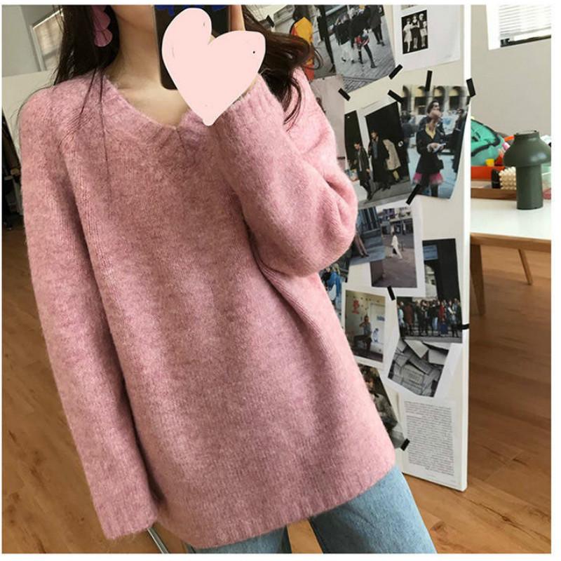 

Pofulove Осень Зима Корейский Ленивый Свитер Женский Свободный Пуловер с V-образным вырезом Длинный Рукав Свитер M розовый