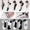 5Pairs/lot Summer Socks Black and White Cat Glass Silk Breathable Female Socks Simple Short Socks