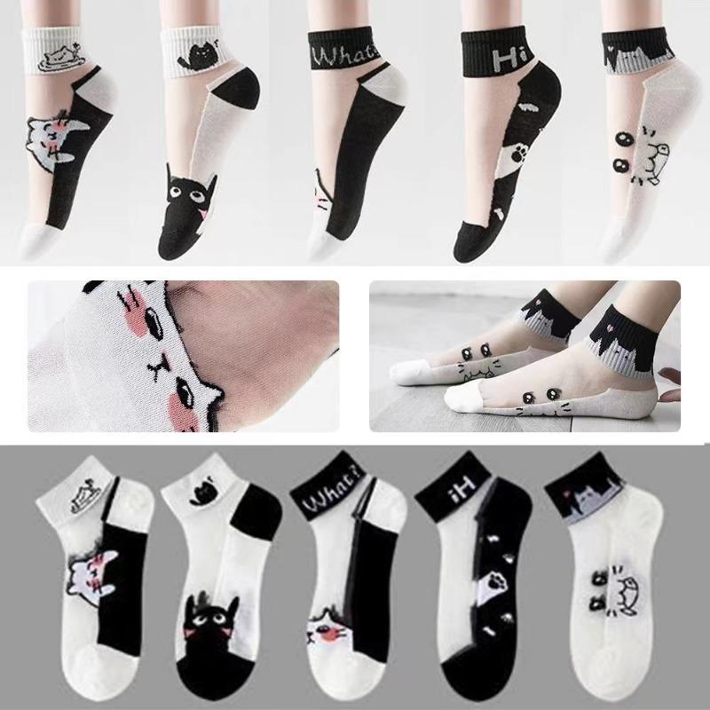 5Pairs/lot Summer Socks Black and White Cat Glass Silk Breathable Female Socks Simple Short Socks