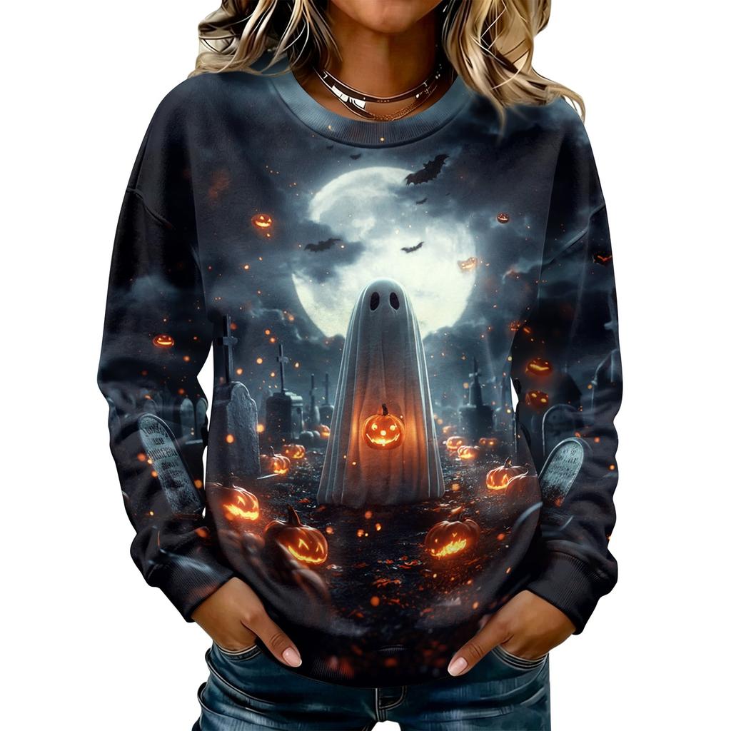 Women's Casual Long Sleeve Halloween Print Crewneck Sweatshirt