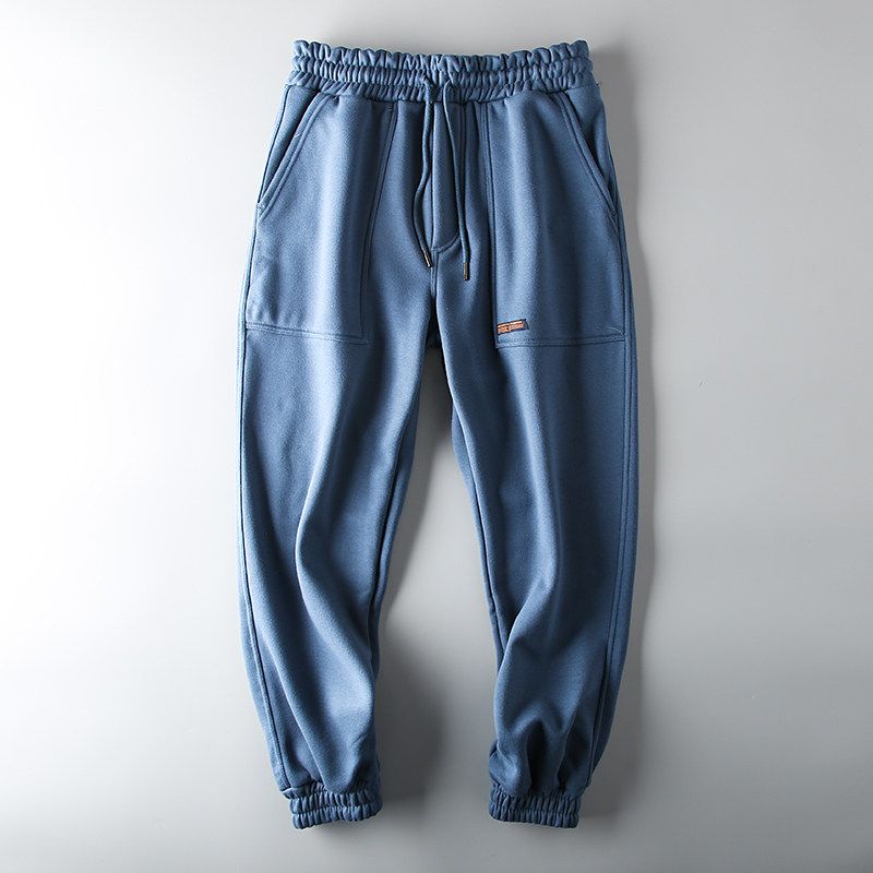 Export Tail Single Men s Label Cutting Cattle Goods Sweatpants Men s Fashion Brand Ankle Banded Winter Padded Fleece Trousers Export Casual Pants Blue XL