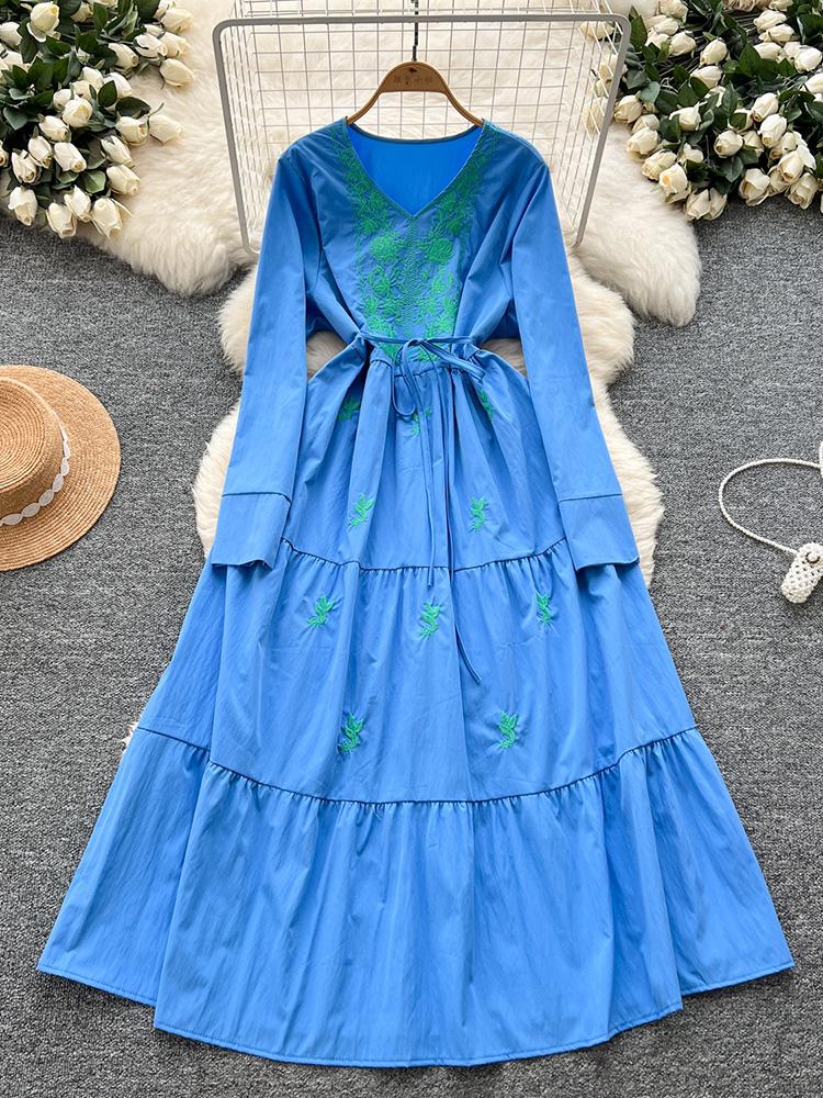 Women Spring Autumn Dress Retro Embroidered V-neck Strap Waist French Elegant Long Sleeve Grand Swing Long Dress