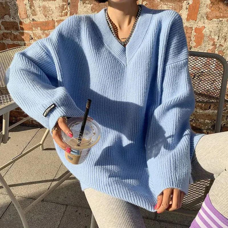 

WTEMPO Теплые женские толстые свитера с V-образным вырезом Y2K Свободные однотонные трикотажные пуловеры с длинным рукавом Большие размеры Повседневные джемперы L небесно-голубой