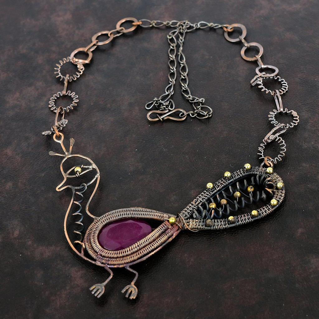 Faceted Kashmir Ruby Necklace Copper Wire Wrapped Adjustable Chain Necklace Copper Wire Jewelry Peacock Necklace Gemstone Necklace For Gifts