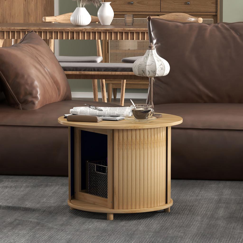 Side Table, Round, with Storage, Sliding Door, Bamboo, Ø60 x 45 cm, Load Capacity up to 20 kg