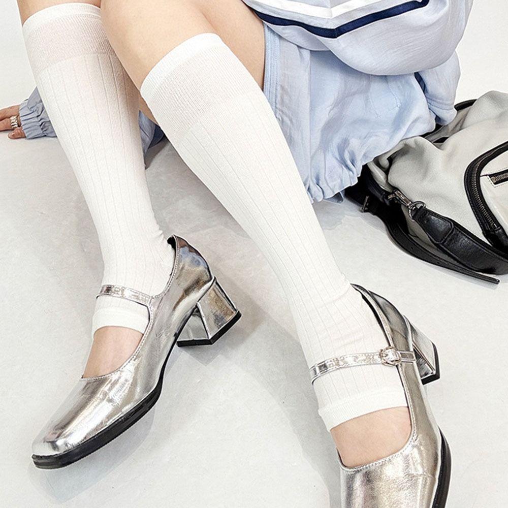Solid Color Ice Silk  Long Socks Lolita Mid-tube Stocking Fashionable JK Calf Socks  Sweet Girls