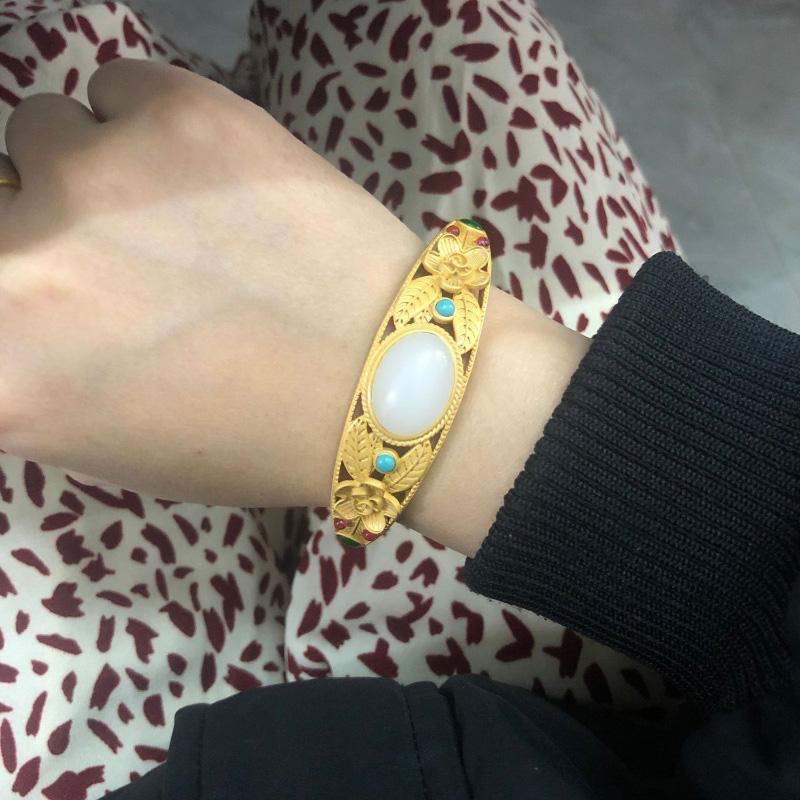 Natural Hetian Jade Bracelet Ancient Gold Craft Pastoral Style Fashion Bangles For Women Wedding Jewelry  Jade Bracelet