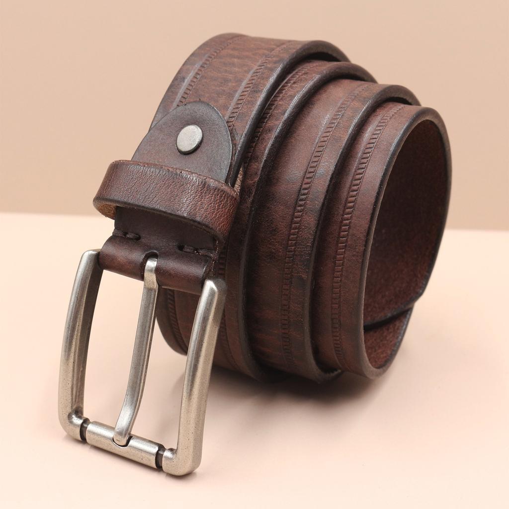 Embossed Retro Old Fashion Trendy and Personalized Cowhide Leather Belt Men's Genuine Leather Pin Buckle Jeans Belt Men's Style