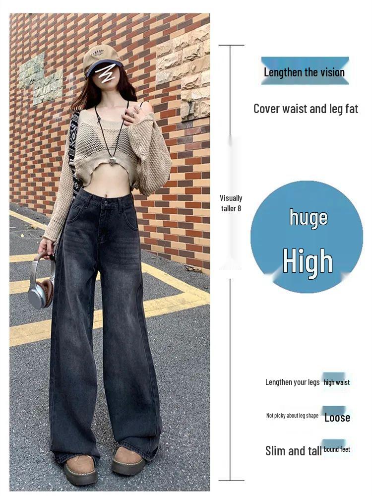 Women's High Waist Wide Leg Jeans - Black & Grey, Spring/Autumn, Plus Size, Floor Length, Straight Leg, Slimming.