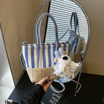 Summer Trend Canvas Bag Striped Vegetable Basket Women's Bag New High-end Retro Splicing Fashion Messenger Bag