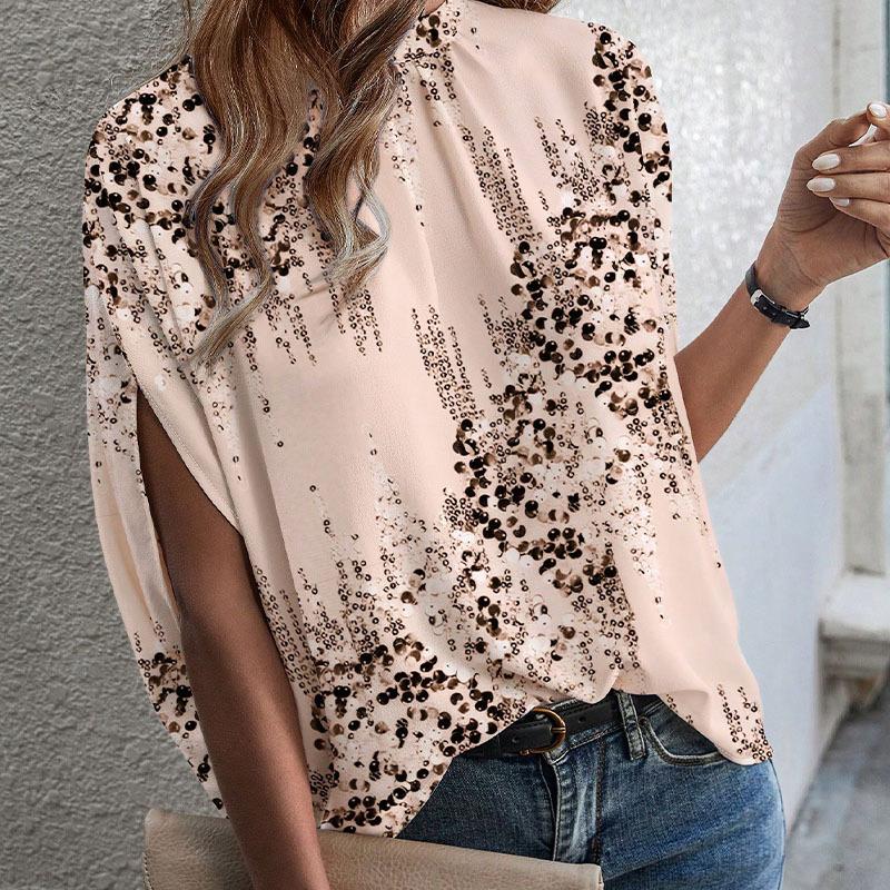 Ladies Summer Batwing Sleeve Bandage O Neck Casual Holiday Printed Pullover Blouse Shirt Top