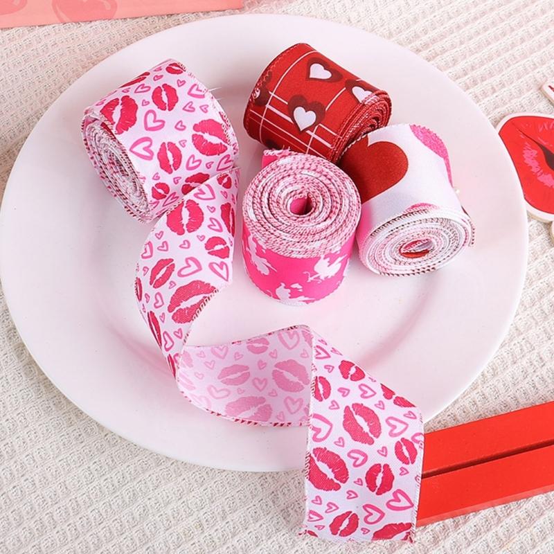 4 Rolls 5cm Valentines Day Wire Ribbon Gift Wrapping Ribbons for Wedding Wreath Hair Bows DIY Crafts with Heart Pattern