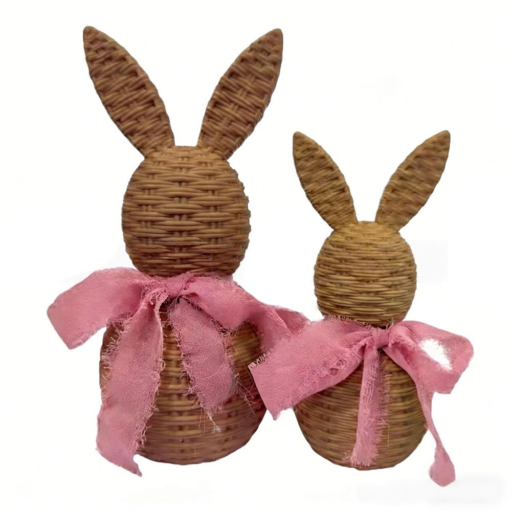 

For Spring-Themed Resin Bunny Pair with Realistic Woven Texture and Soft Green Bows for Shelf or Table Display