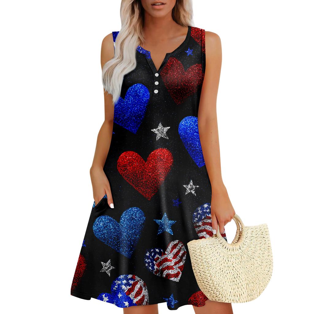 Damen Sommerkleider Lockeres V-Ausschnitt Ärmelloses Sommerkleid Kleid Mit Taschen