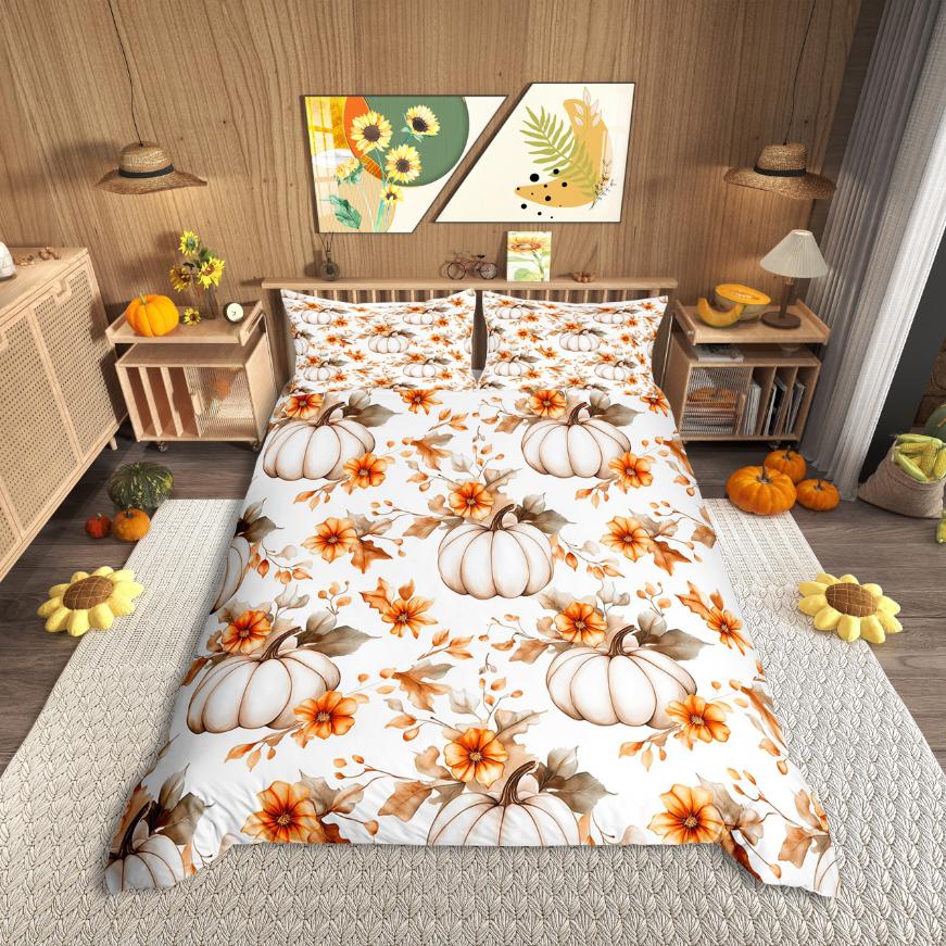 Homewish Fall Pumpkin Duvet Cover SetAutumn Theme Bedding SetOrange Truck Bed Set For AdultsBreathable Home Decor