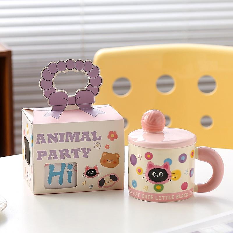 Personalized Ceramic Cup with Lid Cartoon Cute Mug Drinking Water Cup Cat Animal Souvenir Gift Box Cup Girl Student